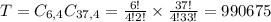 T = C_{6,4}C_{37,4} = \frac{6!}{4!2!} \times \frac{37!}{4!33!} = 990675