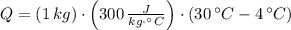 Q = (1\,kg)\cdot \left(300\,\frac{J}{kg\cdot ^{\circ}C} \right)\cdot (30\,^{\circ}C - 4\,^{\circ}C)