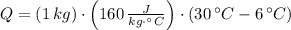 Q = (1\,kg)\cdot \left(160\,\frac{J}{kg\cdot ^{\circ}C} \right)\cdot (30\,^{\circ}C - 6\,^{\circ}C)