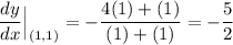 \displaystyle \frac{dy}{dx}\Big|_{(1, 1)}=-\frac{4(1)+(1)}{(1)+(1)}=-\frac{5}{2}