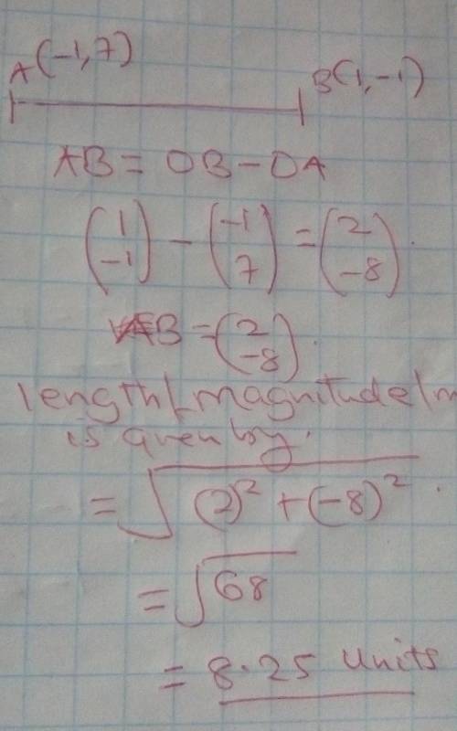 Given line segment AB with endpoints A(-1,7) and B(11, -1)
Find the length of AB.