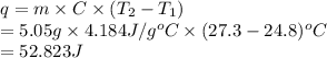 q = m \times C \times (T_{2} - T_{1})\\= 5.05 g \times 4.184 J/g^{o}C \times (27.3 - 24.8)^{o}C\\= 52.823 J