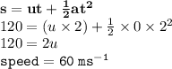 { \bf{s = ut +  \frac{1}{2}a {t}^{2}  }} \\ 120 = (u \times 2) +  \frac{1}{2}  \times 0 \times  {2}^{2}  \\ 120 = 2u \\ { \tt{speed = 60 \:  {ms}^{ - 1} }}
