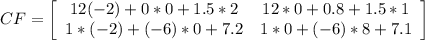 CF=\left[\begin{array}{ccc}12(-2)+0 *0+1.5*2&12*0+0.8+1.5*1\\1*(-2)+(-6)*0+7.2&1*0+(-6)*8+7.1\\\end{array}\right]