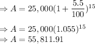 \Rightarrow A=25,000(1+\dfrac{5.5}{100})^{15}\\\\\Rightarrow A=25,000(1.055)^{15}\\\Rightarrow A=55,811.91