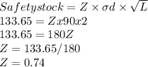 Safety stock = Z \times \sigma d \times \sqrt L\\133.65 = Z x 90 x 2\\133.65 = 180Z\\ Z = 133.65/180\\Z = 0.74