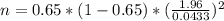 n = 0.65 * (1 - 0.65) * (\frac{1.96}{0.0433})^2