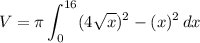 \displaystyle V=\pi\int_0^{16}(4\sqrt{x})^2-(x)^2\, dx