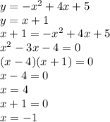 y=-x^2+4x+5\\y=x+1\\x+1=-x^2+4x+5\\x^2-3x-4=0\\(x-4)(x+1)=0\\x-4=0\\x=4\\x+1=0\\x=-1