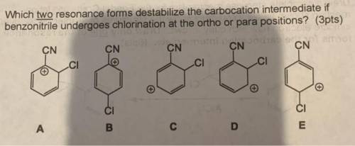 Which 2 resonance forms destablize the carbocation intermediate if bezonitrile undergoes chlronation