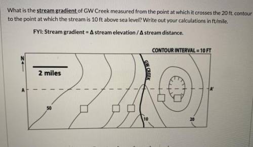What is the stream gradient of GW Creek measured from the point at which it crosses the 20 ft. conto