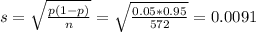 s = \sqrt{\frac{p(1-p)}{n}} = \sqrt{\frac{0.05*0.95}{572}} = 0.0091