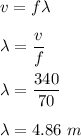 v=f\lambda\\\\\lambda=\dfrac{v}{f}\\\\\lambda=\dfrac{340}{70}\\\\\lambda=4.86\ m