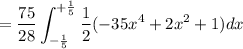 \displaystyle \:\:\:\:\:\:\:=\frac{75}{28}\int_{-\frac{1}{5}}^{+\frac{1}{5}} \frac{1}{2}(-35x^4 + 2x^2 + 1)dx