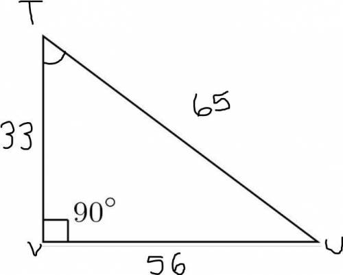 In ΔTUV, the measure of ∠V=90°, UT = 65, VU = 56, and TV = 33. What ratio represents the cosine of ∠