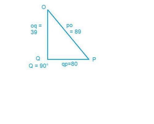 In ΔOPQ, the measure of ∠Q=90°, OQ = 39, QP = 80, and PO = 89. What ratio represents the cosine of ∠