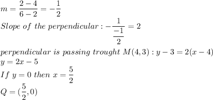 m=\dfrac{2-4}{6-2} =-\dfrac{1}{2} \\Slope\ of\ the\ perpendicular: -\dfrac{1}{\dfrac{-1}{2} } =2\\\\perpendicular\ is\ passing\ trought\ M(4,3): y-3=2(x-4)\\y=2x-5\\If\ y=0\ then\ x= \dfrac{5}{2} \\Q=( \dfrac{5}{2},0)\\