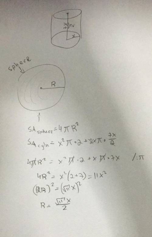 a solid cylinder has radius x cm and height (7x÷2) cm .the surface area of a sphere with radius R cm