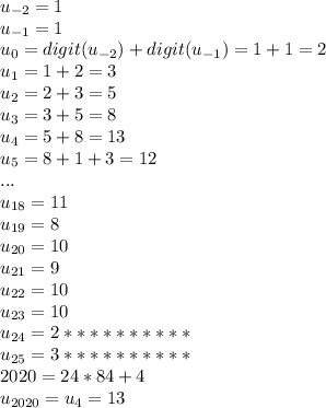u_{-2}=1\\u_{-1}=1\\u_0=digit(u_{-2})+digit(u_{-1})=1+1=2\\u_1=1+2=3\\u_2=2+3=5\\u_3=3+5=8\\u_4=5+8=13\\u_5=8+1+3=12\\...\\u_{18}=11\\u_{19}=8\\u_{20}=10\\u_{21}=9\\u_{22}=10\\u_{23}=10\\u_{24}=2**********\\u_{25}=3**********\\2020=24*84+4\\u_{2020}=u_{4}=13\\