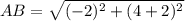 AB = \sqrt{(- 2)^2 +  (4 +2)^2}