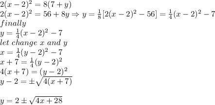 2(x-2)^2=8(7+y)\\2(x-2)^2=56+8y \Rightarrow y={1\over{8}}[2(x-2)^2-56]={1\over{4}}(x-2)^2-7\\finally\\y={1\over{4}}(x-2)^2-7\\let ~change~x~and~y\\x={1\over{4}}(y-2)^2-7\\x+7={1\over{4}}(y-2)^2\\4(x+7)=(y-2)^2\\y-2=\pm\sqrt{4(x+7)}\\\\y=2\pm\sqrt{4x+28}
