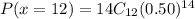 P(x=12)=14C_{12}(0.50)^{14}