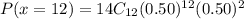 P(x=12)=14C_{12}(0.50)^{12}(0.50)^2