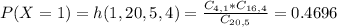 P(X = 1) = h(1,20,5,4) = \frac{C_{4,1}*C_{16,4}}{C_{20,5}} = 0.4696