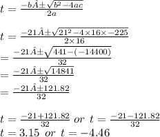 t=   \frac{ - b± \sqrt{ {b }^{2}  - 4ac} }{2a} \\  \\ t=   \frac{ - 21± \sqrt{ {21}^{2}  - 4 \times 16 \times  - 225} }{2 \times 16} \\  =  \frac{ - 21 ± \sqrt{441 - ( - 14400)} }{32} \\  =  \frac{ - 21± \sqrt{14841} }{32}  \\  =  \frac{ - 21±121.82}{32}  \\  \\ t =   \frac{ - 21 + 121.82}{32}  \: or \:  \: t =  \frac{ - 21 - 121.82}{32}  \\ t = 3.15 \:  \: or \:  \: t =  - 4.46