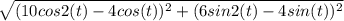 \sqrt{(10cos2(t) - 4cos(t))^2 + (6sin2(t) -4sin(t))^2}