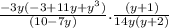 \frac{-3y(-3+11y+y^3)}{(10-7y)}.\frac{(y+1)}{14y(y+2)}