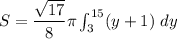 S = \dfrac{\sqrt{17}}{8} \pi \int^{15}_{ 3} (y+1) \ dy