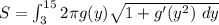 S = \int^{15}_{ 3} 2 \pi g (y) \sqrt{1+g'(y^2) \ dy }