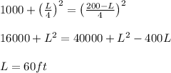 1000 + \left (\frac{L}{4}  \right )^2 = \left ( \frac{200 - L}{4} \right )^2\\\\16000 +L^2 = 40000 +  L^2 - 400 L\\\\L= 60 ft