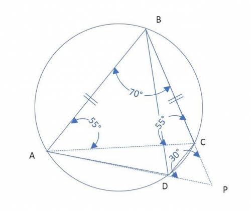 15. ABCD is a cyclic quadrilateral in which

AB = BC and ABC = 70°.
AD produced meets BC produced at