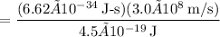 \:\:\:\:\:=\dfrac{(6.62×10^{-34}\:\text{J-s})(3.0×10^8\:\text{m/s})}{4.5×10^{-19}\:\text{J}}