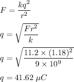 F=\dfrac{kq^2}{r^2}\\\\q=\sqrt{\dfrac{Fr^2}{k}} \\\\q=\sqrt{\dfrac{11.2\times (1.18)^2}{9\times 10^9}} \\\\q=41.62\ \mu C
