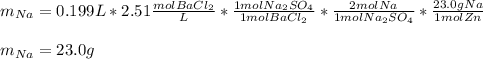 m_{Na}=0.199L*2.51\frac{molBaCl_2}{L}*\frac{1molNa_2SO_4}{1molBaCl_2}*\frac{2molNa}{1molNa_2SO_4} *\frac{23.0gNa}{1molZn}\\\\m_{Na}=23.0g