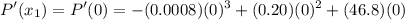 $P'(x_1) = P'(0)=-(0.0008)(0)^3+(0.20)(0)^2+(46.8)(0)$