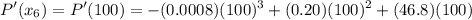 $P'(x_6) = P'(100)=-(0.0008)(100)^3+(0.20)(100)^2+(46.8)(100)$