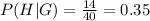 P(H | G) = \frac{14}{40} = 0.35