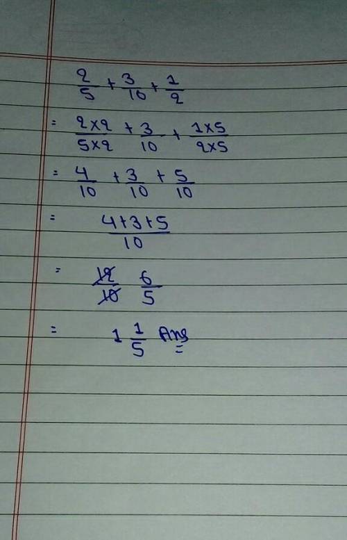 Add 2/5, 3/10 and 1/2. Give your answer as a mixed number