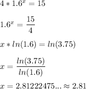 4*1.6^x=15\\\\1.6^x=\dfrac{15}{4} \\\\x*ln (1.6)=ln (3.75)\\\\x=\dfrac{ln(3.75)}{ln(1.6)} \\\\x=2.81222475...\approx{2.81}