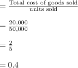 = \frac{\text{Total cost of goods sold}}{ \text{units sold}}\\\\= \frac{20,000}{50,000}\\\\= \frac{2}{5}\\\\= 0.4