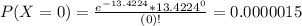 P(X = 0) = \frac{e^{-13.4224}*13.4224^{0}}{(0)!} = 0.0000015
