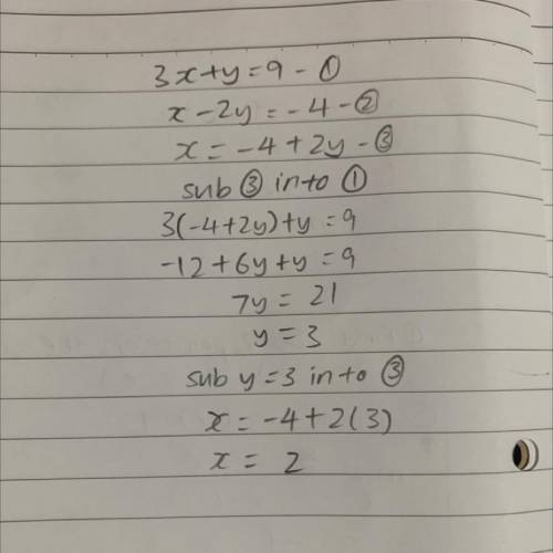 X-2y=-4 
3x+y=9 
solve the simultaneous equation (find x & y)