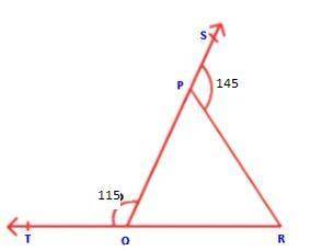 The sides OP and RO of triangle POR are produced to points S and T respectively. If ∠SPR = 145° and