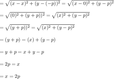 = \sqrt{(x - x)^2 + (y- (-p))^2} = \sqrt{(x-0)^2+ (y-p)^2} \\\\= \sqrt{(0)^2 + (y+p))^2} = \sqrt{(x)^2+ (y-p)^2} \\\\= \sqrt{(y+p))^2} = \sqrt{(x)^2+ (y-p)^2} \\\\= (y+p) = (x)+ (y-p) \\\\= y+p = x+ y-p \\\\=2p=x\\\\=x=2p