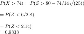 P ( X  74) = P (Z  80 - 74/ 14\sqrt(25) )\\\\= P (Z < 6 / 2.8)\\\\= P ( Z < 2.14)\\= 0.9838\\