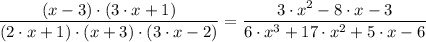 \dfrac{ (x -3) \cdot (3 \cdot x + 1) }{(2 \cdot x + 1) \cdot (x + 3) \cdot (3\cdot x-2)} = \dfrac{3 \cdot x^2 - 8 \cdot x -3 }{6 \cdot x^3+ 17 \cdot x^2 + 5 \cdot x-6}